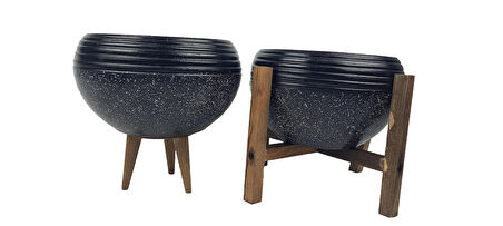 Ev Dekorasyon  Siyah Granit Küp Aranjman Saksı Saksılık Salon Çiçeklik İkili Set (3 Ayak-4 Ayak)